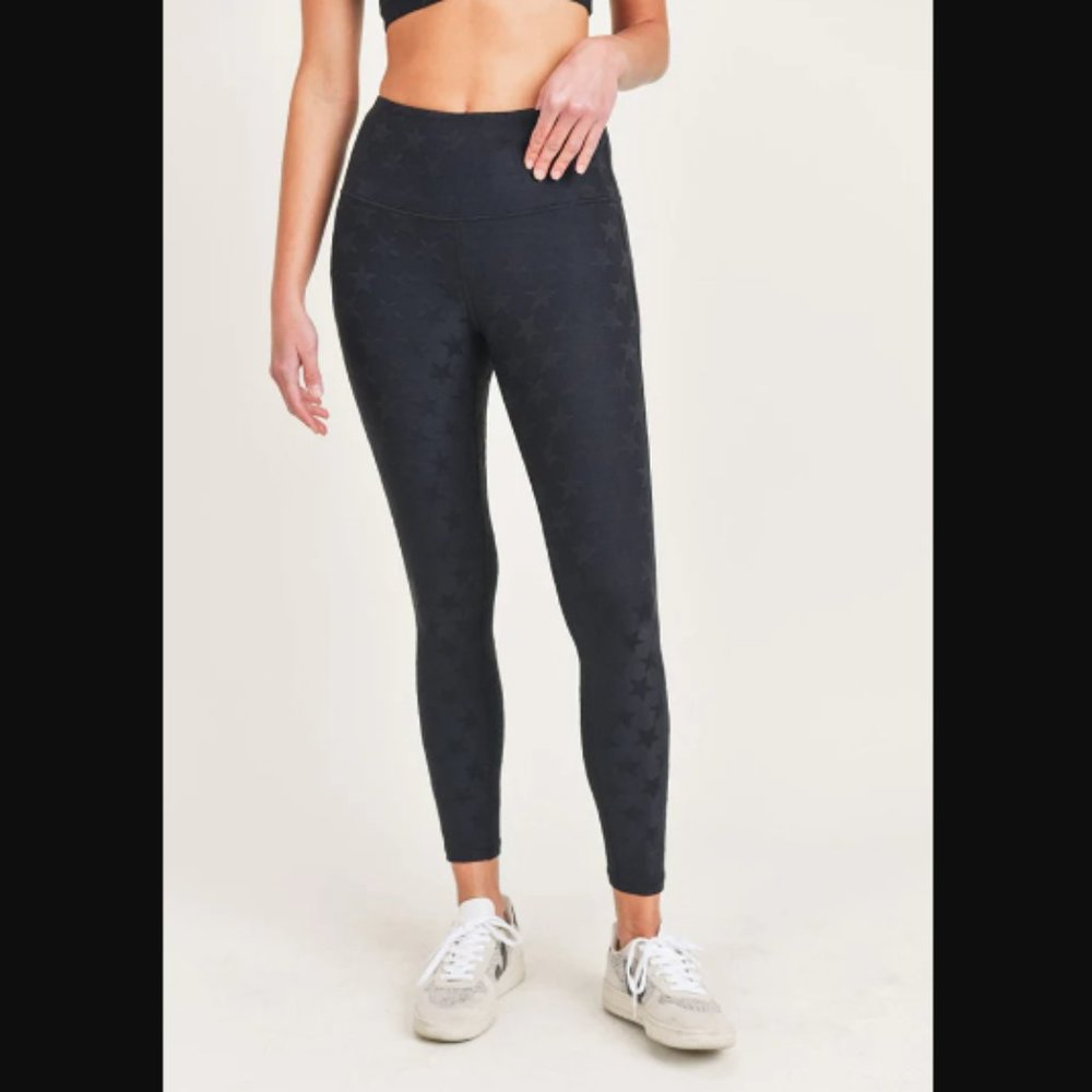 Mono B Black Textured Star Jacquard TACTEL Highwaist Leggings